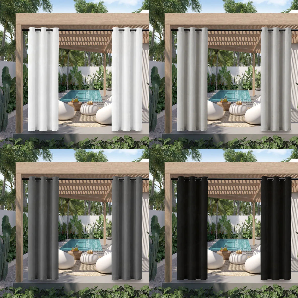 A set of waterproof outdoor curtains with grommet tops in various shades of gray and black hanging in a wooden pergola struct