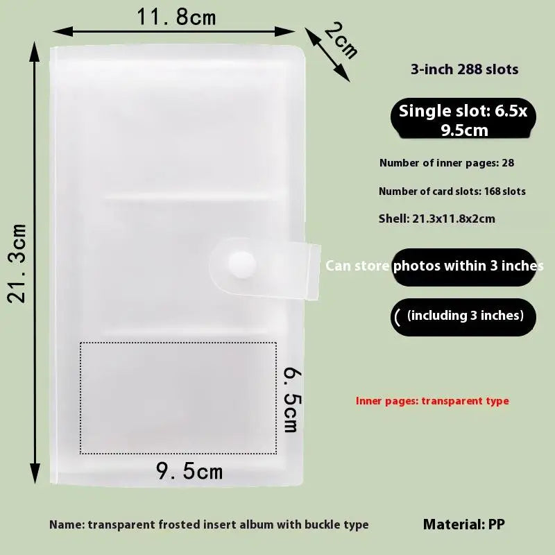 A transparent frosted insert album with a buckle type, made of PP, showing its dimensions and features.