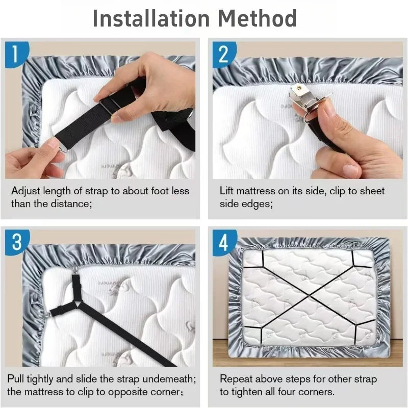 Installation method showing how to adjust and clip bed sheet clips for secure holding