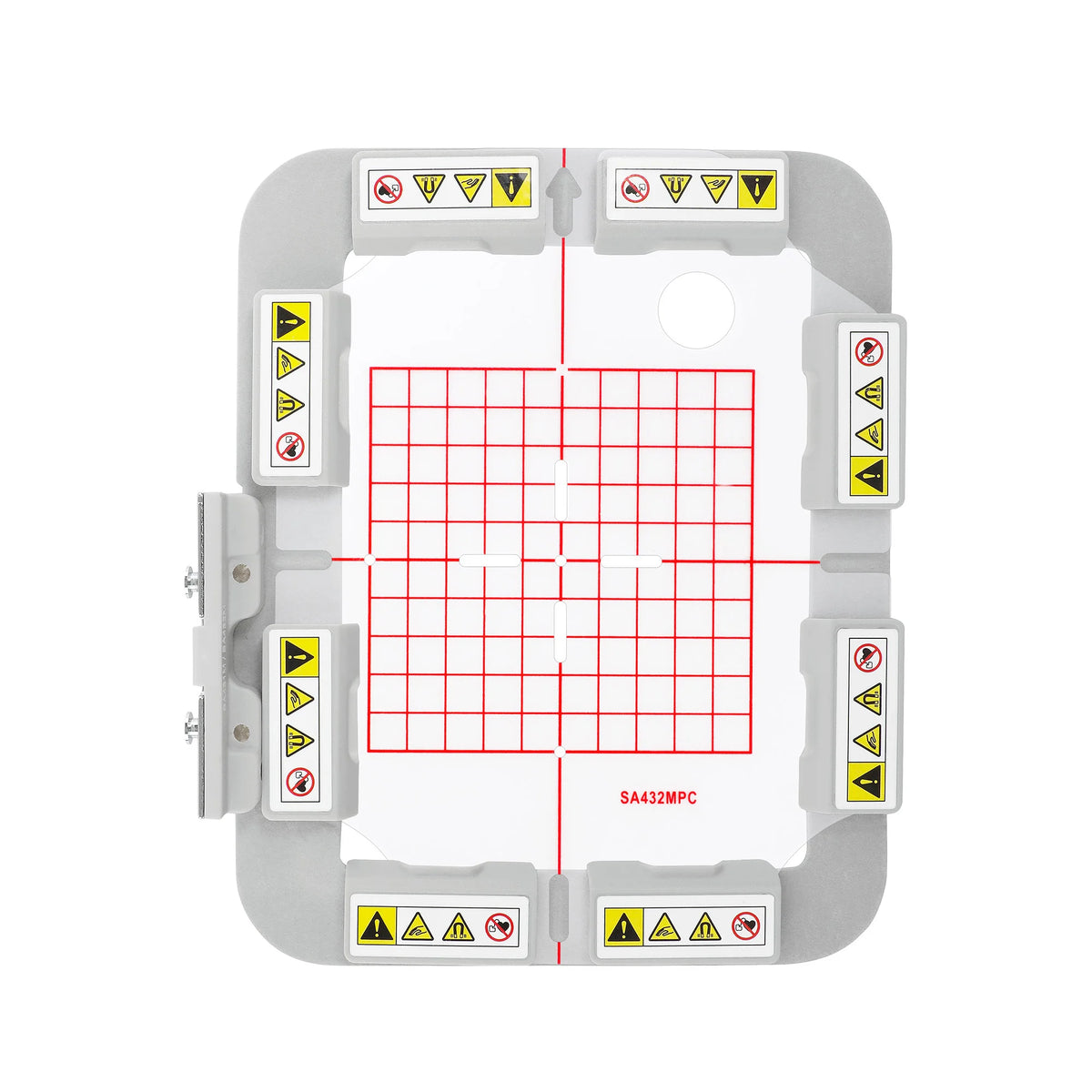A magnetic embroidery hoop with various safety warning labels for use with Brother and Baby Lock machines.