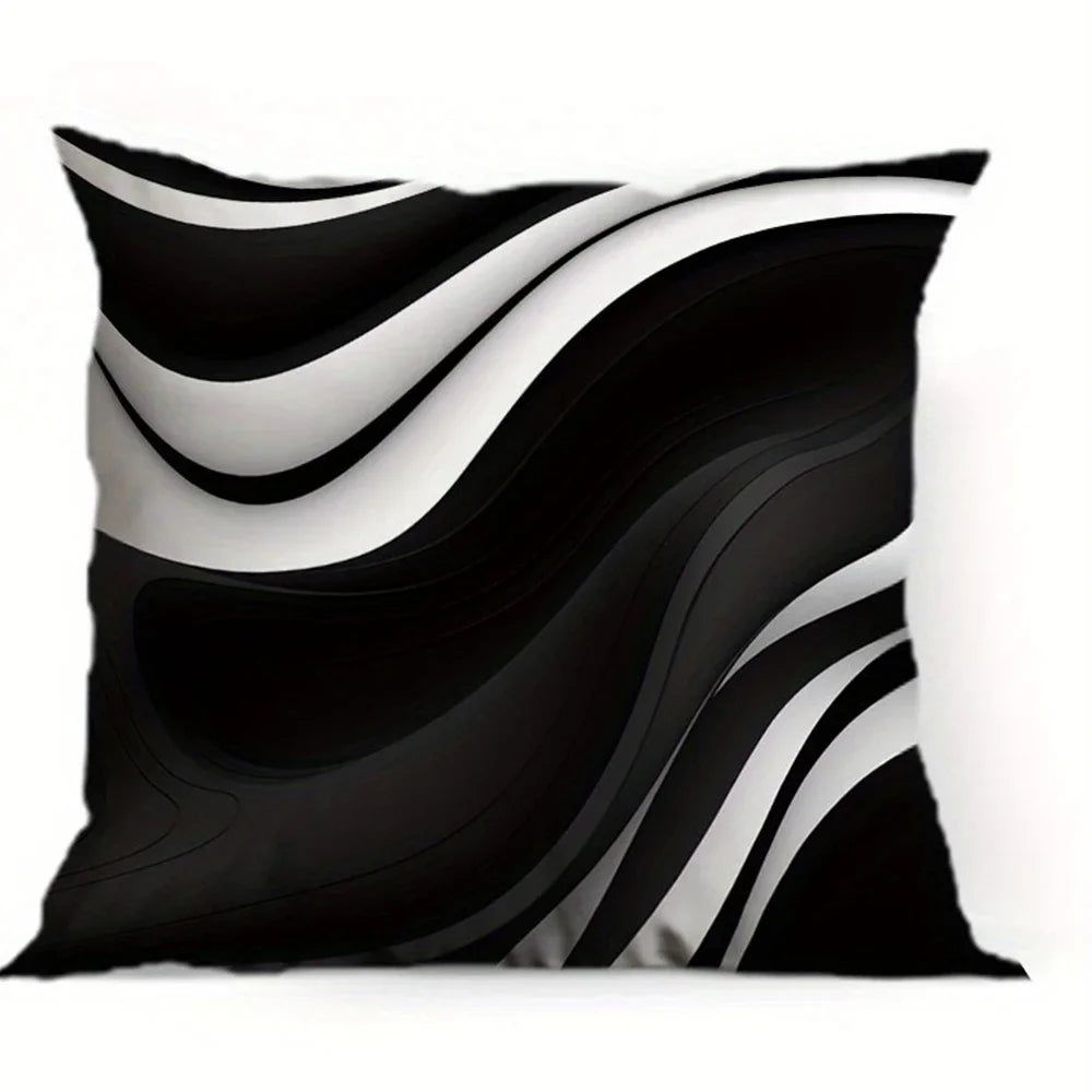 A decorative pillowcase featuring a wavy black and white geometric pattern.