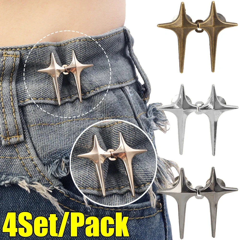 A set of four adjustable star-shaped metal buttons for clothing shown on denim fabric.