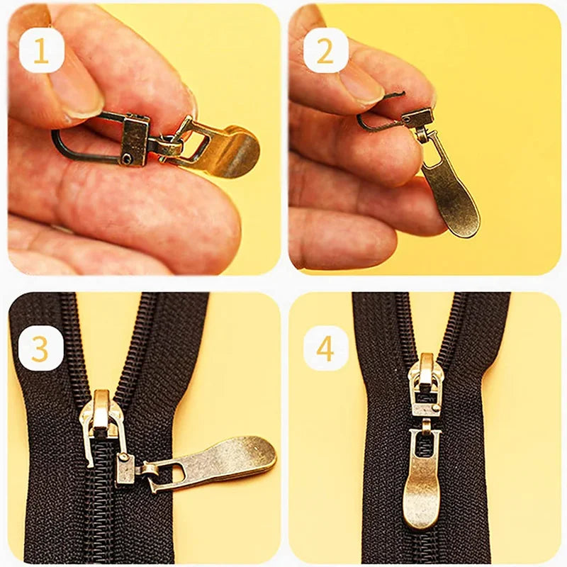 Four images showing replacement metal zipper pulls for bags and luggage, demonstrating the product's design and application.