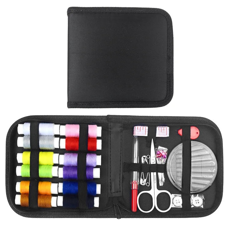 A black mini sewing kit collection featuring various threads, needles, and scissors.