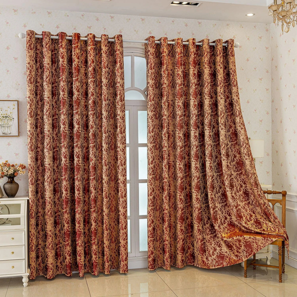 Pair of floor-length tree bark pattern blackout curtains hanging in a light-colored room.