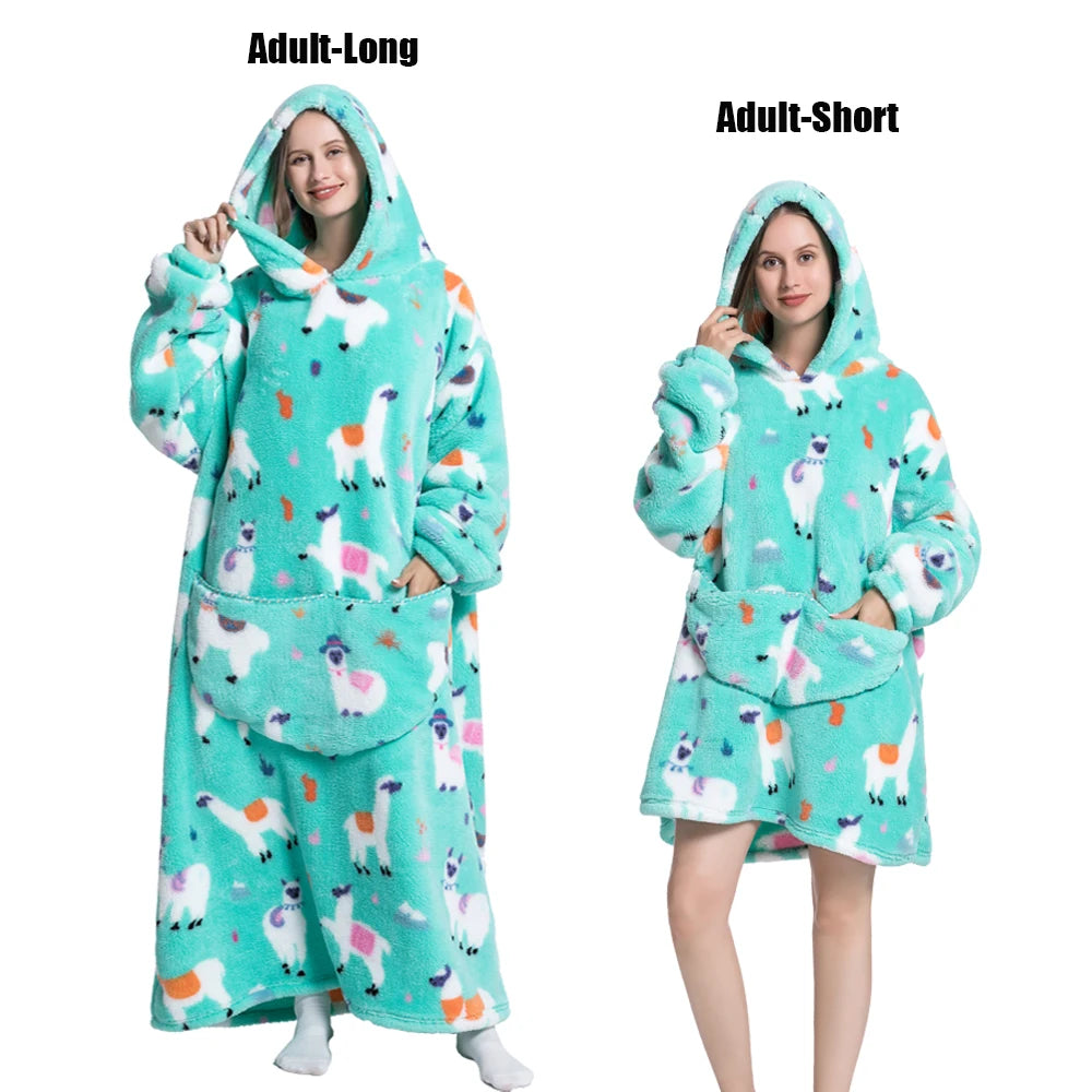 A teal plush fleece blanket hoodie for adults, shown in both long and short styles.