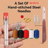 A set of 36/34/31 hand-stitched steel needles, syringes, and thread removal knife shown on a hand.