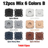 A collection of 12 metal magnetic snap buttons in six colors including black, white, grey, khaki, navy blue, and brown.