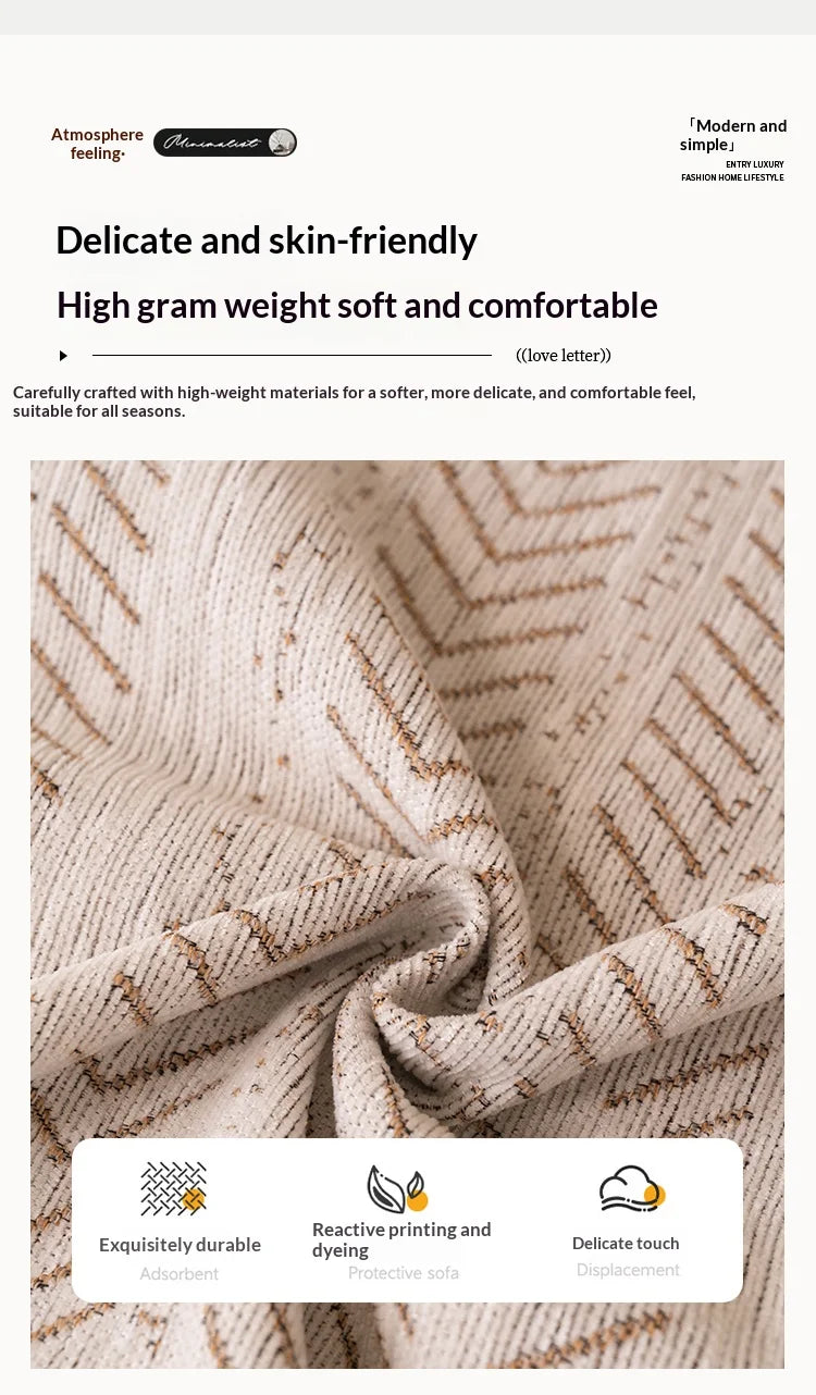 Close-up of a beige chenille sofa protector fabric featuring a textured fishbone pattern.