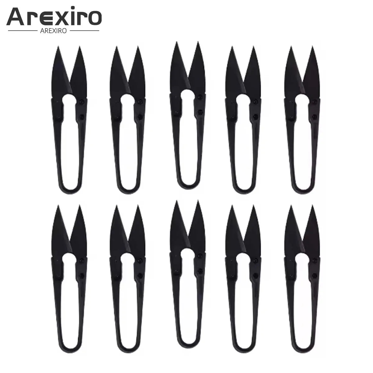 A set of ergonomic stainless steel thread snip scissors shown in various views.