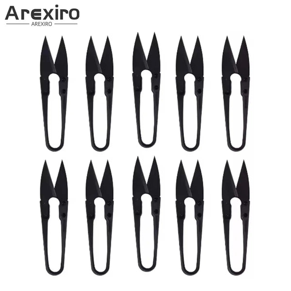 A set of ergonomic stainless steel thread snip scissors shown in various views.