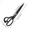 A pair of black heavy-duty carbon steel tailor scissors shown with dimension lines.