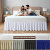 Elegant elastic bed skirt with ruffles in various colors shown on a bed.