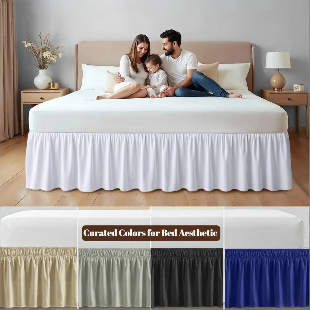 Elegant elastic bed skirt with ruffles in various colors shown on a bed.