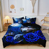 Dark blue and black bedding featuring a print of a wolf's face surrounded by blue roses.