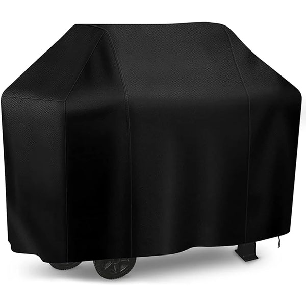 Black heavy-duty BBQ grill cover draped over a grill.