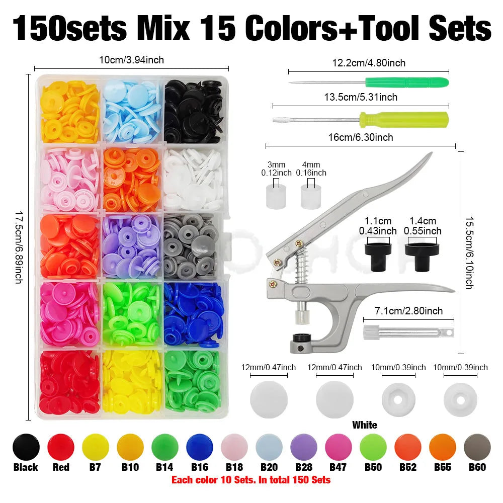 A set of 150 resin button fasteners in various colors and tool sets for DIY sewing and crafting