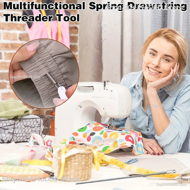 A woman is using a multifunctional spring drawstring threader tool to sew fabric.