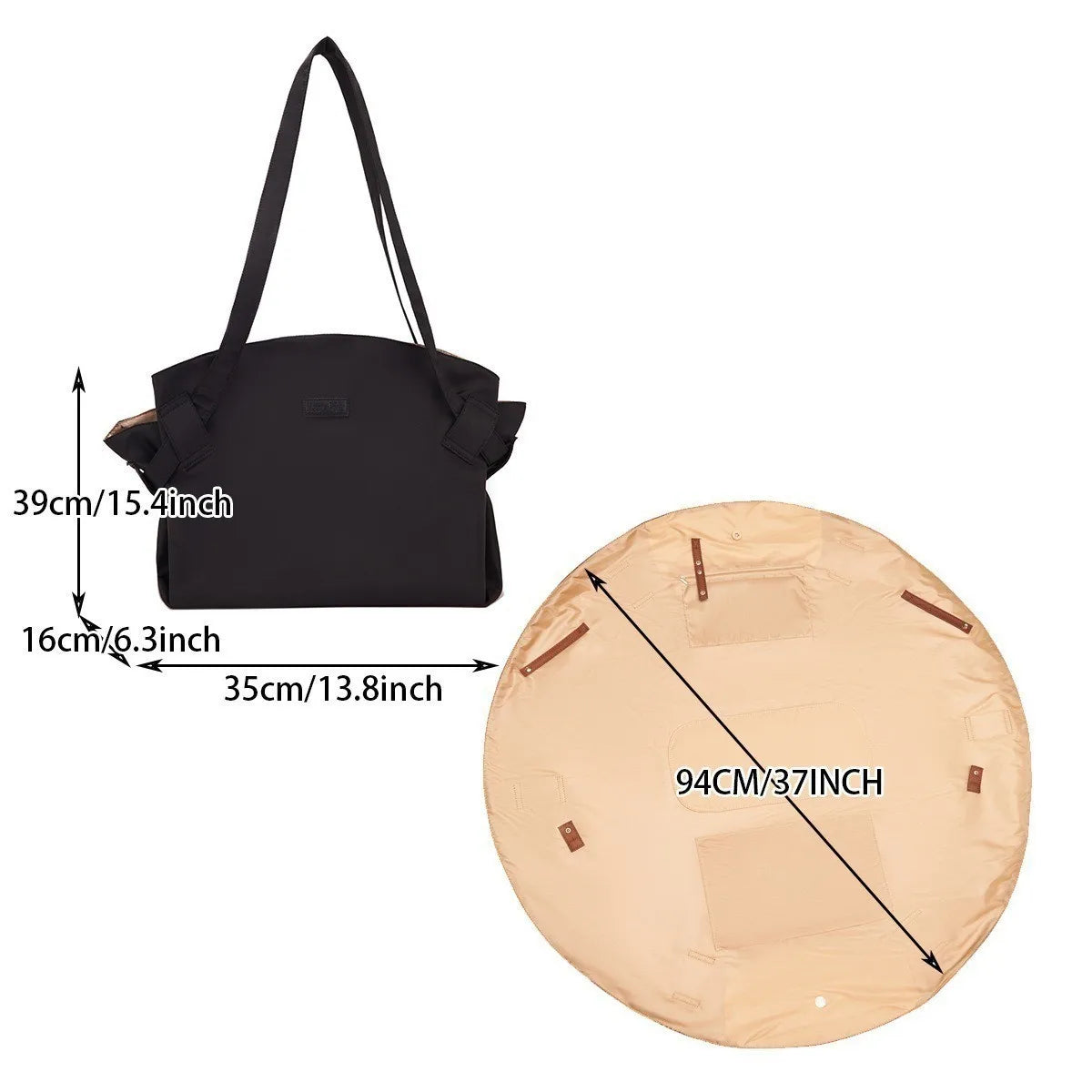 A black foldable tote bag with a handle shown next to a round beige fabric item.