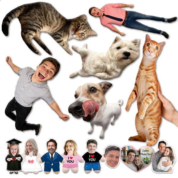 A collection of photos featuring cats, dogs, and people in various poses and expressions.