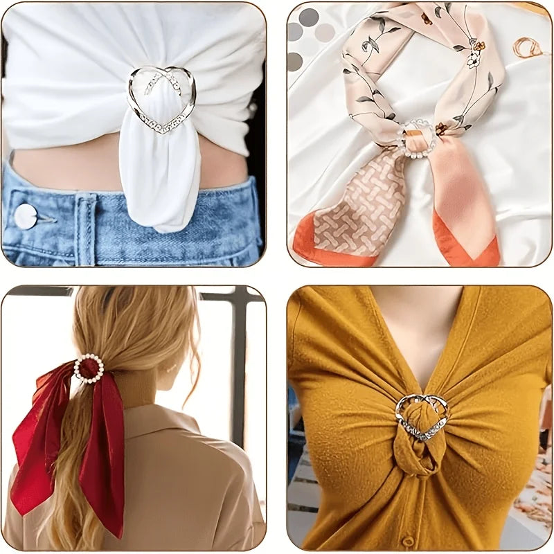 Elegant metal scarf and dress clip set featuring a floral print scarf tied in a bow and a heart-shaped clip