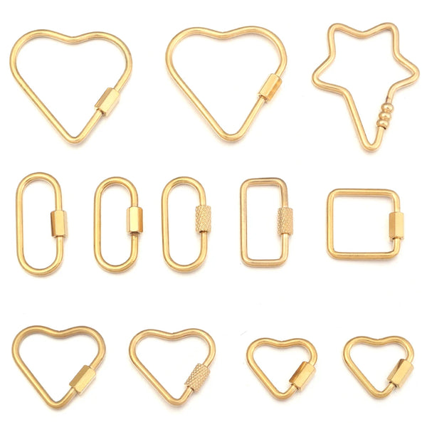 A collection of gold stainless steel heart-shaped screw lock carabiner clasps for jewelry making.
