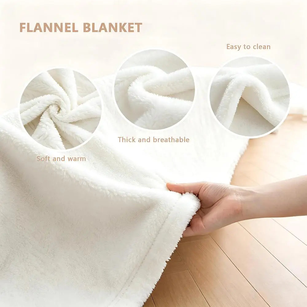 A white flannel blanket is shown with close-ups highlighting its soft texture, thickness, breathability, and ease of cleaning