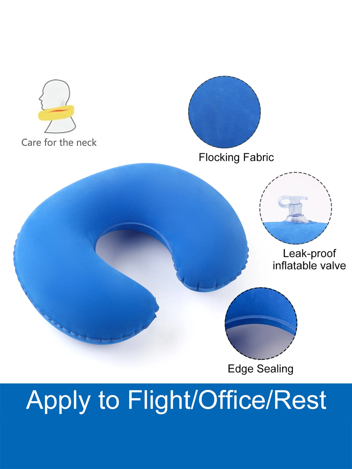 Blue inflatable U-shaped travel pillow with flocking fabric and edge sealing for neck care.