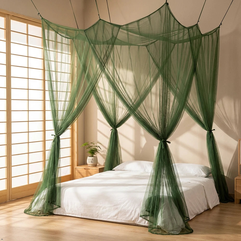 A square mosquito net bed canopy in green fabric draped over a white bed in a bright room.