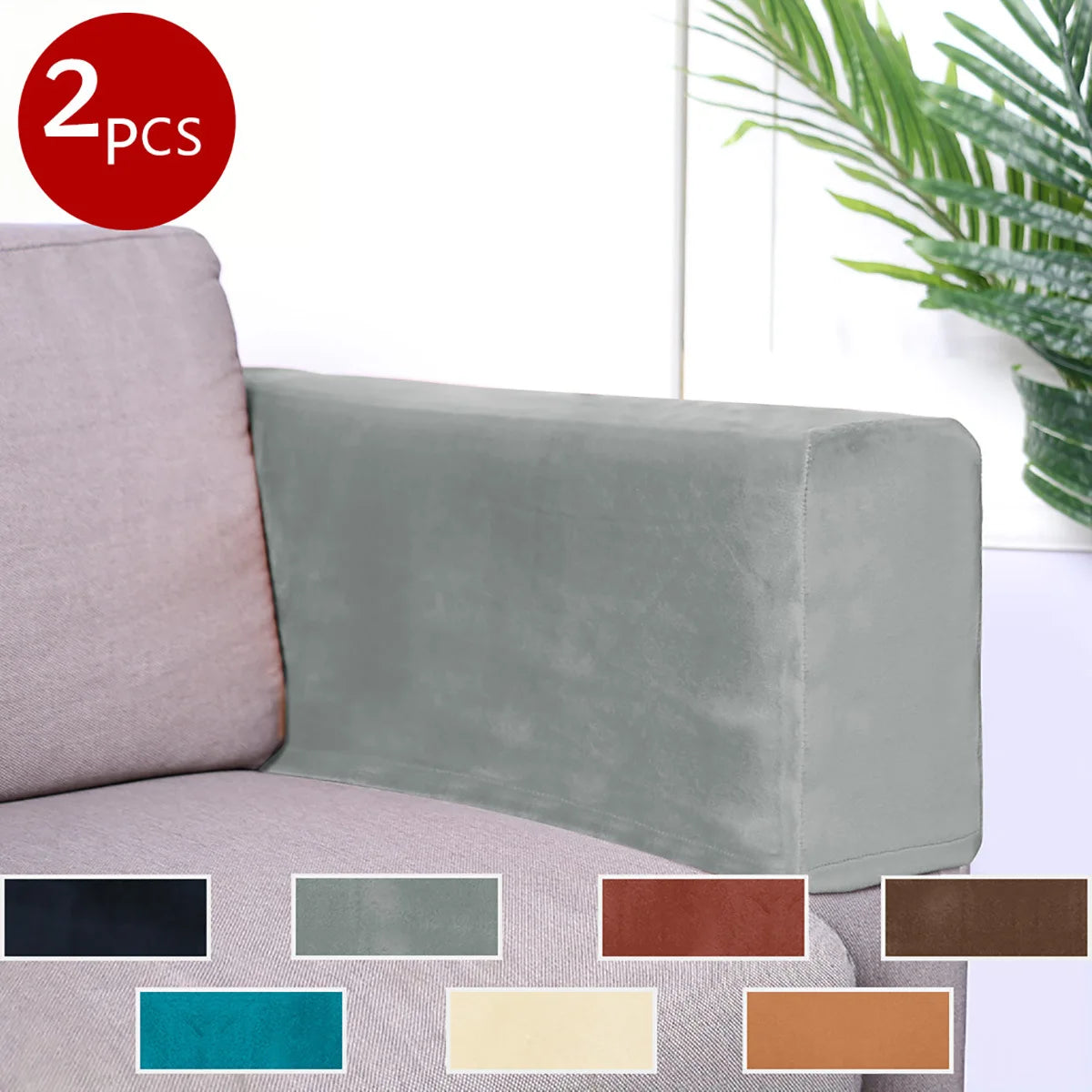 Two velvet sofa armrest covers in shades of gray and brown displayed on a sofa.