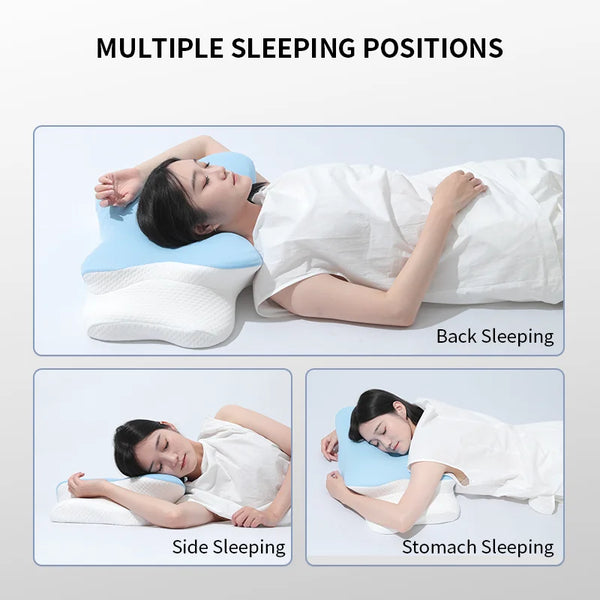 Demonstration of multiple sleeping positions using an ergonomic memory foam cervical pillow for back, side, and stomach sleep
