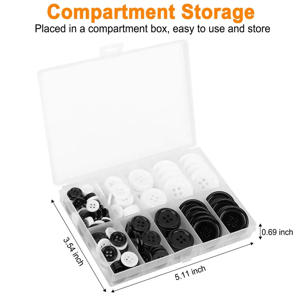 Compartment storage box containing 160 black resin sewing buttons in assorted sizes