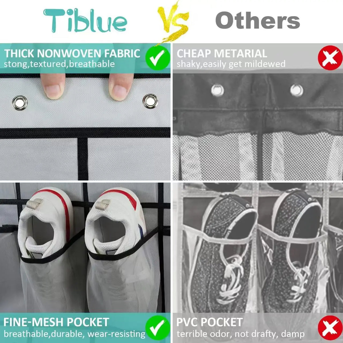 Comparison chart showing Tiblue features like thick nonwoven fabric and fine-mesh pockets against other materials
