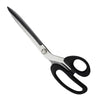 A pair of professional heavy duty fabric scissors with silver blades and black handles.