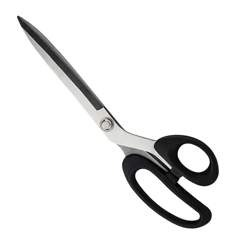A pair of professional heavy duty fabric scissors with silver blades and black handles.