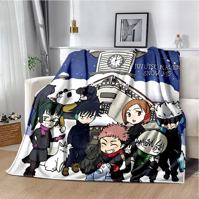 A throw blanket featuring characters from Jujutsu Kaisen anime set against a snowy background.