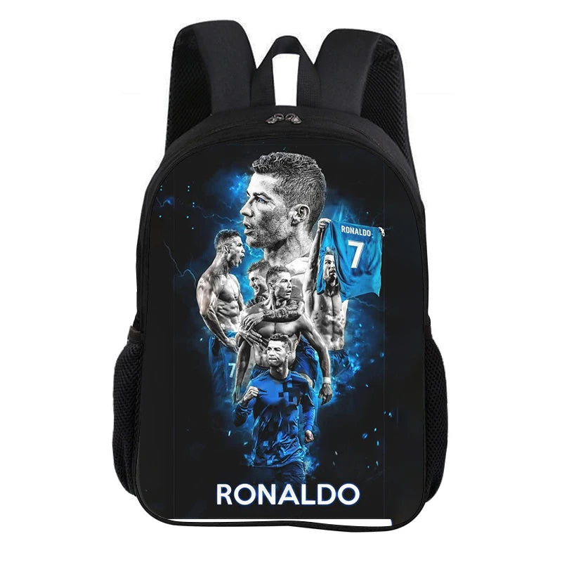 Black backpack featuring a graphic of Cristiano Ronaldo and other football players.