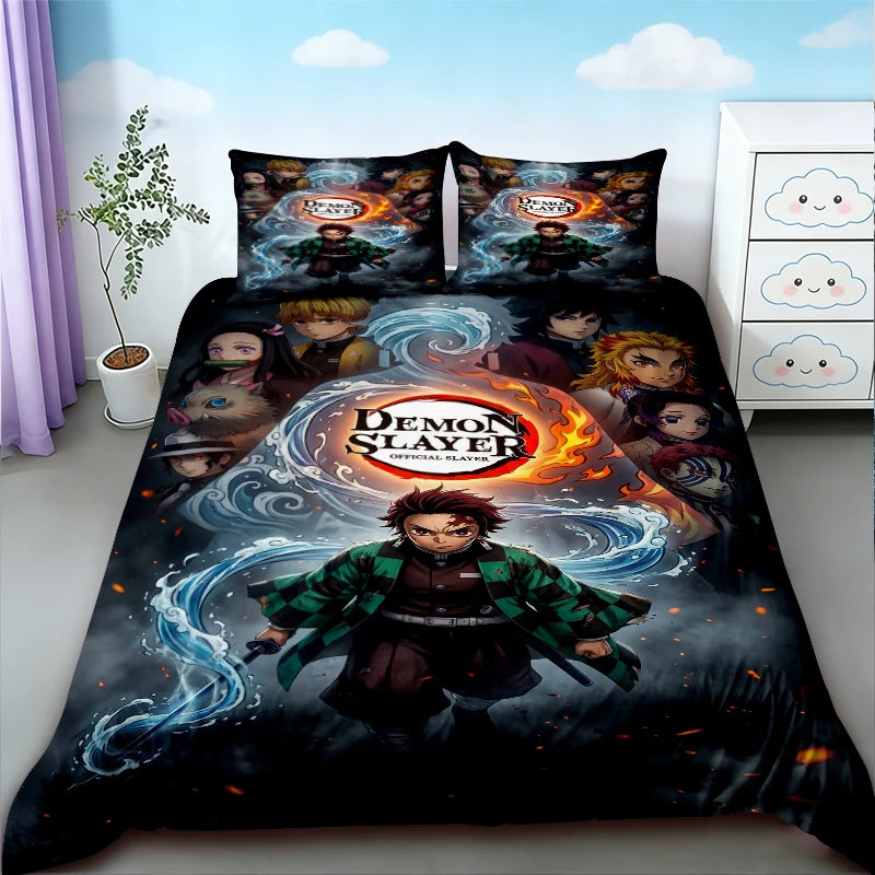 A dark themed duvet cover set featuring Demon Slayer characters and artwork.