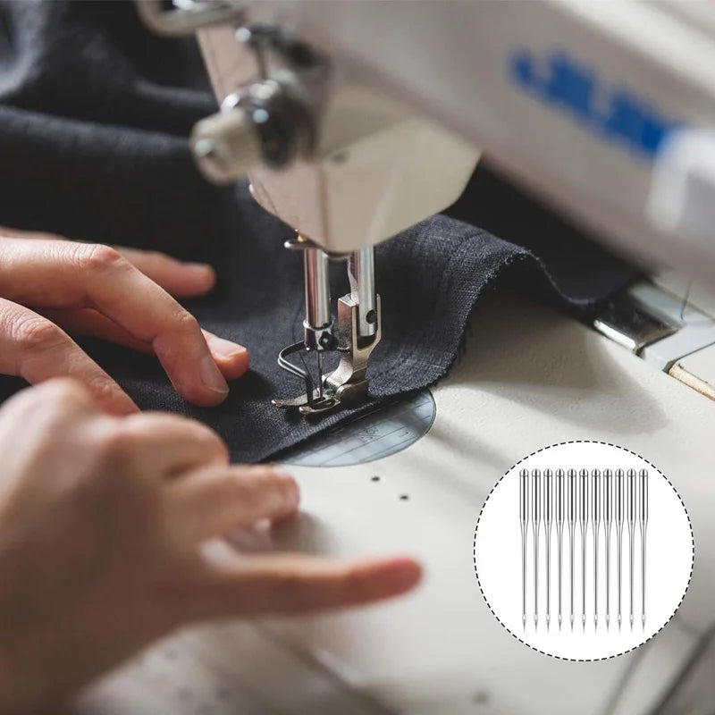 A hand is using a sewing machine to thread fabric with a universal set of sewing machine needles.