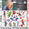 A set of temporary superhero tattoos featuring Spider-Man and other characters on a sticker sheet.
