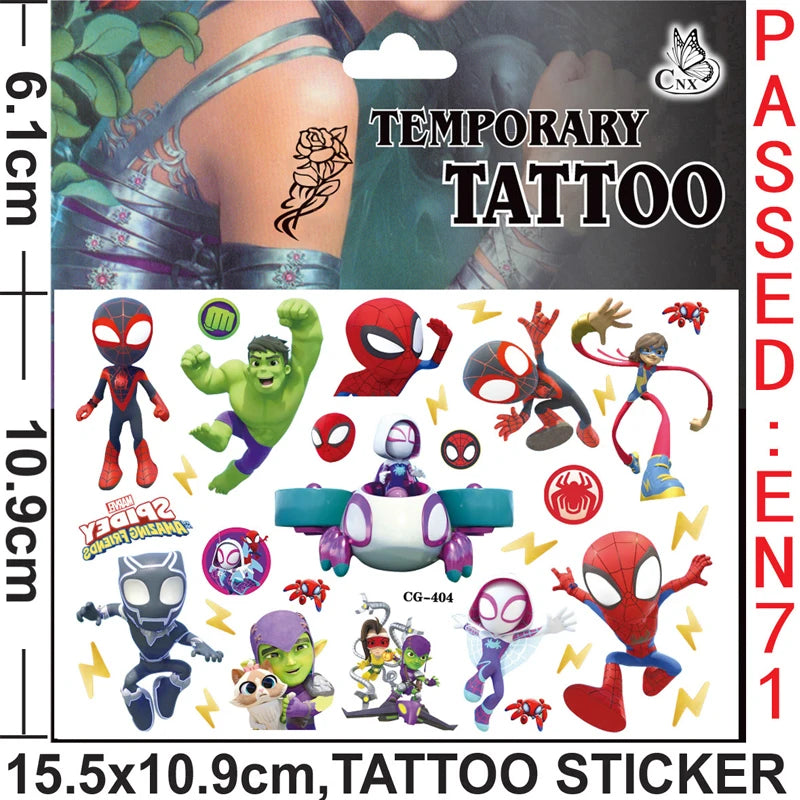 A set of temporary superhero tattoos featuring Spider-Man and other characters on a sticker sheet.