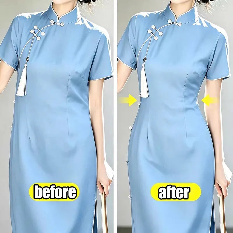 Before and after comparison of elegant rhinestone clothing clips used to secure scarves on a light blue dress