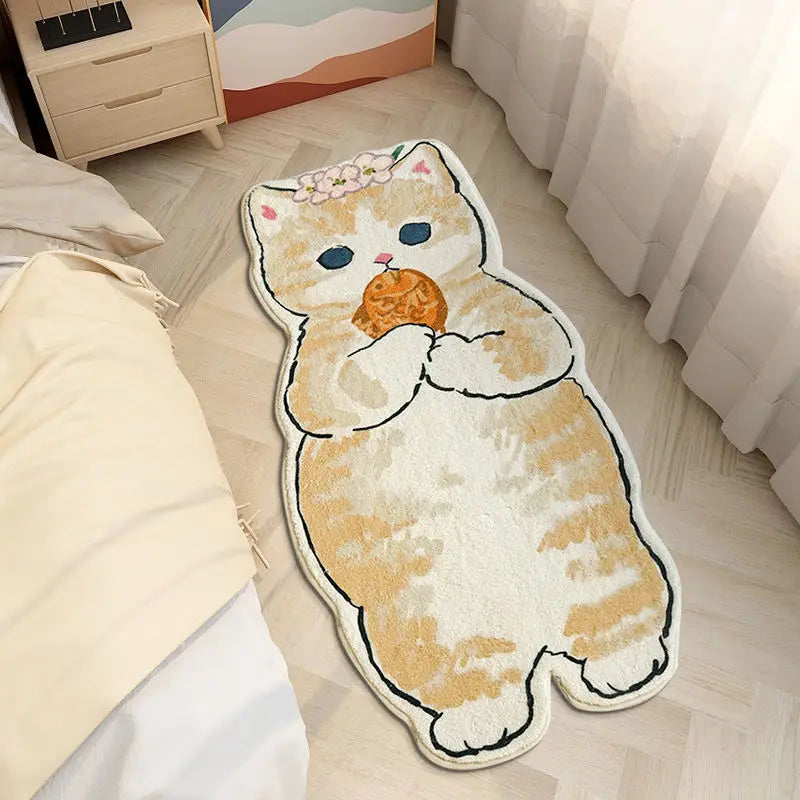 A fluffy cartoon cat plush carpet with orange fur and blue eyes resting on a light wooden floor.