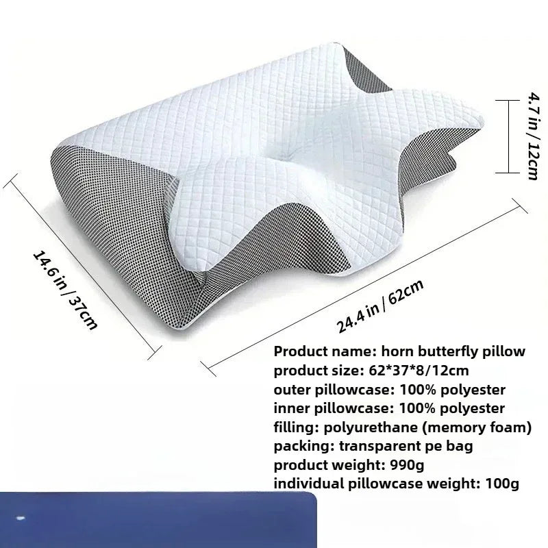White horn butterfly memory foam pillow with a gray fabric cover shown from above.