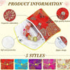 A display of five multi-color silk brocade jewelry pouches featuring various floral patterns and embroidery.
