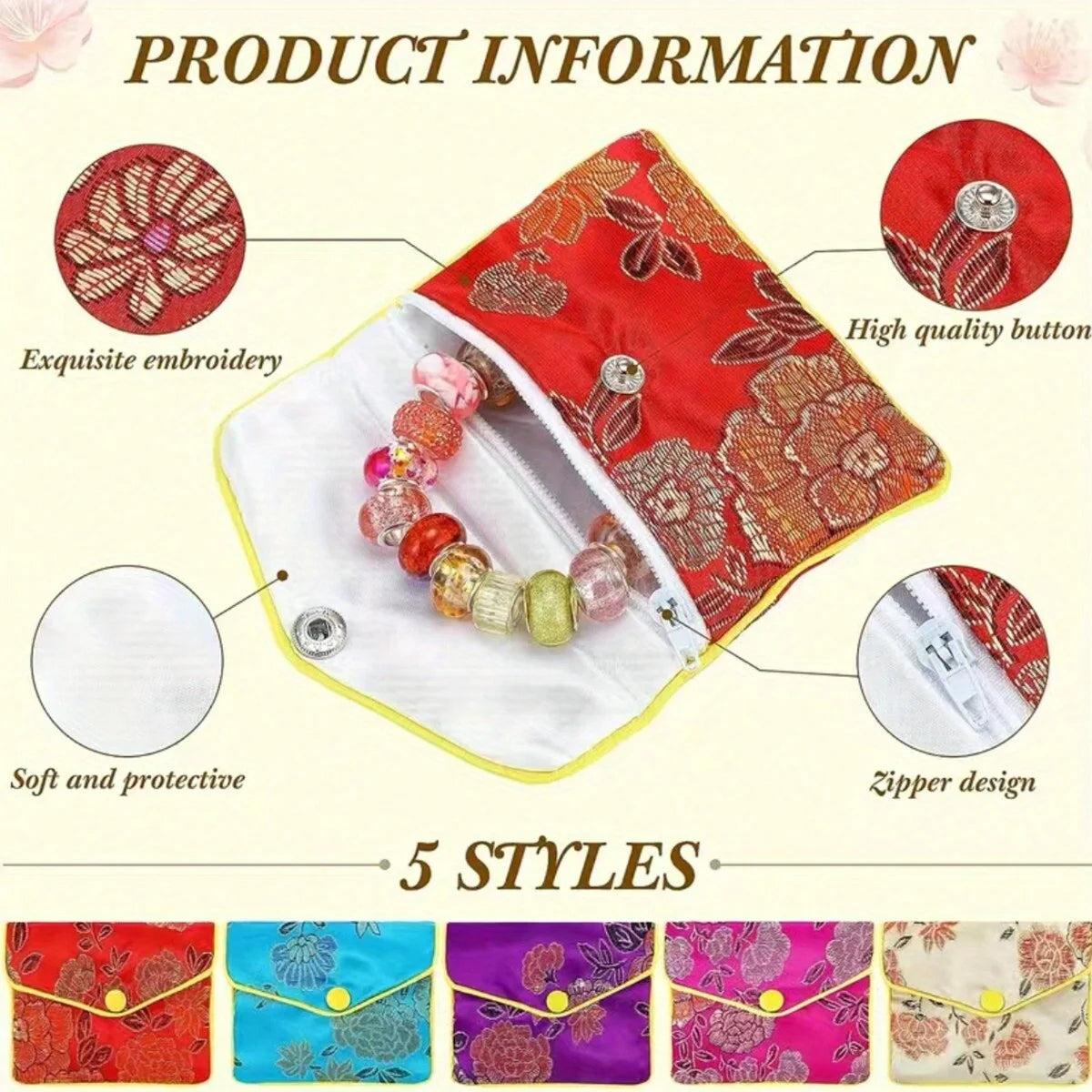 A display of five multi-color silk brocade jewelry pouches featuring various floral patterns and embroidery.