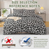 A leopard print duvet cover set displayed on a bed with size reference notes.
