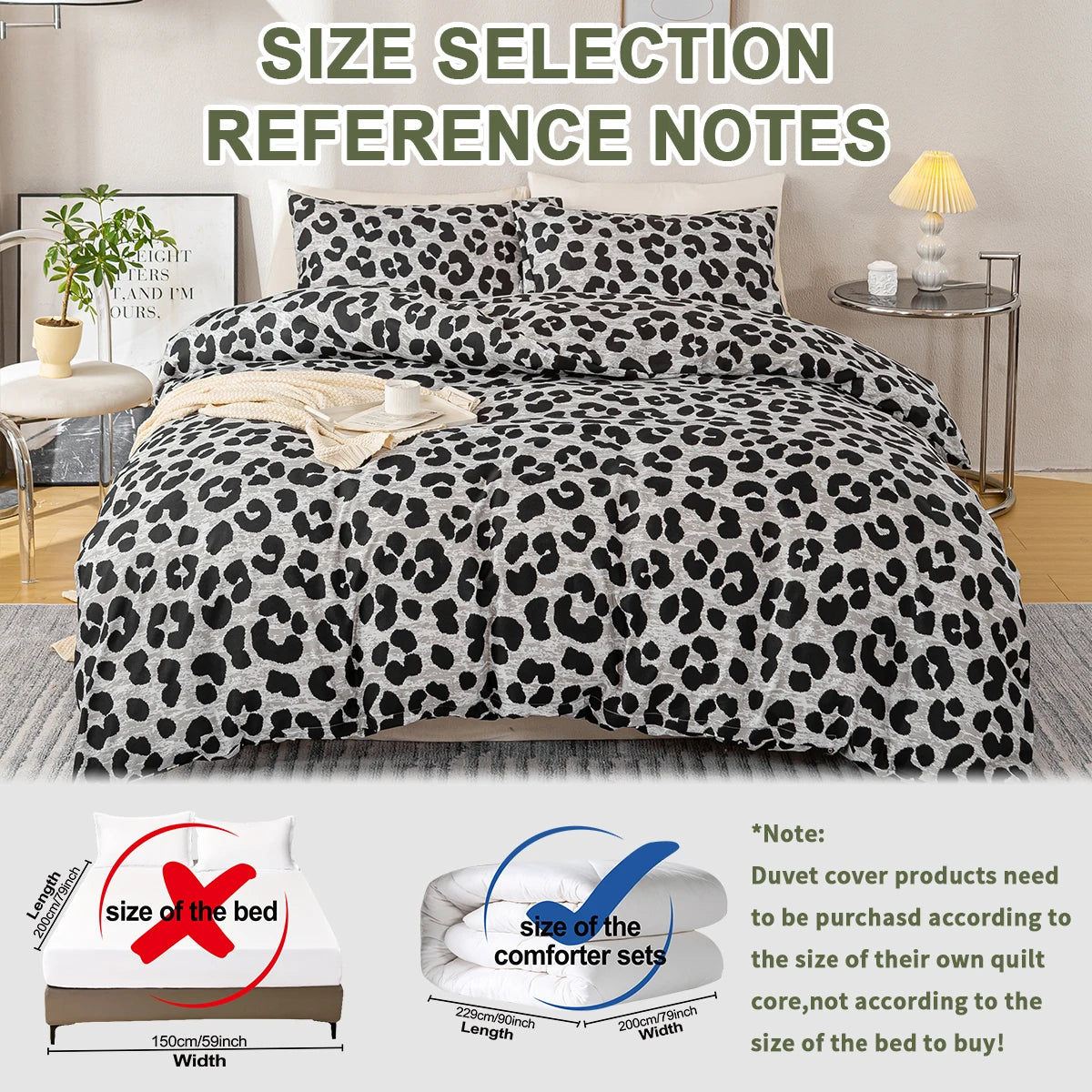 A leopard print duvet cover set displayed on a bed with size reference notes.