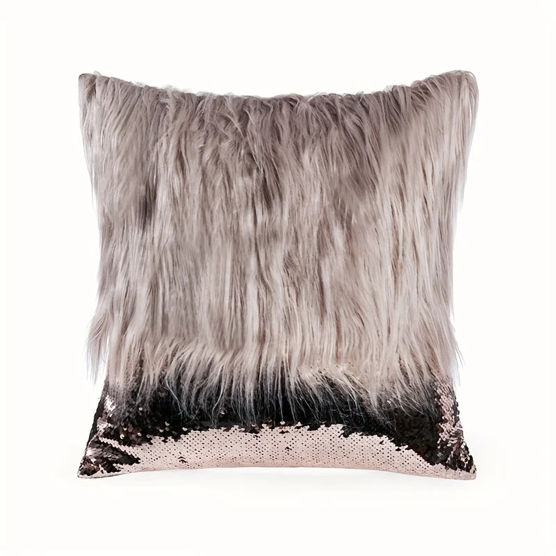 A rectangular cushion cover made of silver-gray fur with a black sequin trim.