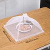 A clear mesh insect and fly protection cover is shown resting on a wooden table, with dimensions marked.